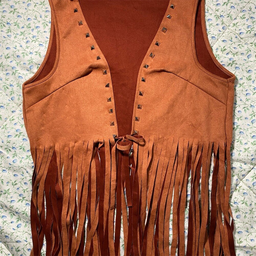 Womens Brown Fringe Studded Vest Size L Open Front Tie Western Boho